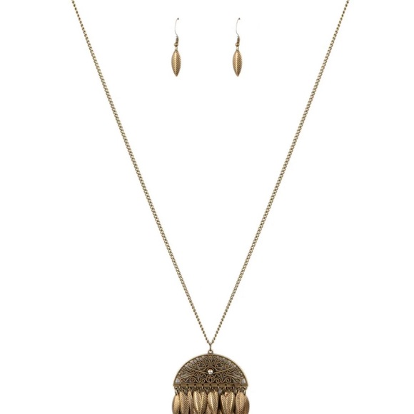 PAPARAZZI Canopy Cruise Boho Brass Whimsical Copper Feather Earring Necklace Set - Picture 4 of 4